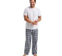 West Ridge Men’s Soft Tee Shirt & Woven Long Pants Pyjama Set - Comfy Summer Loungewear - Checked & Striped PJs For Men, Check, L