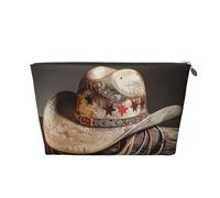 West Rodeo Hat Printed Toiletry Bag for Women Girl Portable Travel Cosmetic Bag Leather Makeup Pouch Organizer with Silver Zipper