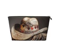 West Rodeo Hat Printed Toiletry Bag for Women Girl Portable Travel Cosmetic Bag Leather Makeup Pouch Organizer with Gold Zipper