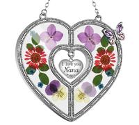 West style Heart Suncatcher Wind Chime with Butterfly Wing Pressed Real Flower Gifts for Nana, Stained Glass with Hook and Heart Hang Tag, Birthday for Grandmother (Nana)