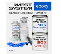 WEST SYSTEM 105-K Epoxy Resin & Hardener Fibreglass Repair Kit - Strong Marine Grade Waterproof Epoxy, Repair Kits for Fibreglass Boats - Includes Gloves, Tape, 2x Brushes & Syringes