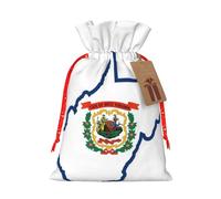 West Virginia State Flag Map Print Holiday Burlap Gift Bag With Drawstring, Small Party Favor Pouches For Christmas Gifting-S Size