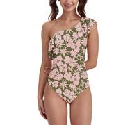 westag Teen Girls Leakproof Menstrual Swimsuit with Ruffle Detail & Single Shoulder Strap for Period Confidence,Green Printing,M