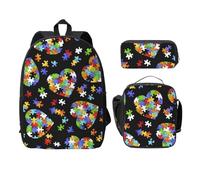WESTCH Autism Awareness Puzzle Pieces Heart 17in Bag + Pencil Case + Lunch Bag Combination - Versatile Storage Organizer for Learning Supplies