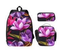 WESTCH Flower Leaves Purple Red Flower 17in Bag + Pencil Case + Lunch Bag Combination - Versatile Storage Organizer for Learning Supplies