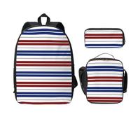 WESTCH Red Blue White Gray Stripes 17in Bag + Pencil Case + Lunch Bag Combination - Versatile Storage Organizer for Learning Supplies