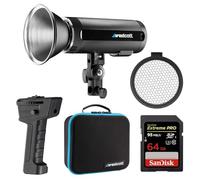 Westcott FJ200 Round Head Pocket Strobe Light with 64GB Memory Card for 4K Video and Westcott ProGrip2 Ergonomic Handheld Mount for Photographers Bundle Set (WES-4740)