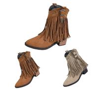 Western Ankle Boots For Women - Cowboy Boots With Tassels For Women - Short Cowgirl Booties Fringed Tassel Shoes Stacked Chunky Block Heeled Shoe Pull On Dress Booties Suede Slip On Footwear