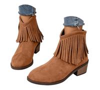 Western Ankle Cowboy Boots for Women Round Toe Fringe Suede Stacked Block Heel Slip On Tassel Cowgirl Booties Retro Country Outdoor Festival Daily Casual Fashion Footwear Brown