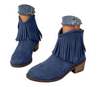 Western Ankle Cowboy Boots for Women Round Toe Fringe Suede Stacked Block Heel Slip On Tassel Cowgirl Booties Retro Country Outdoor Festival Daily Casual Fashion Footwear Blue