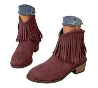 Western Ankle Cowboy Boots for Women Round Toe Fringe Suede Stacked Block Heel Slip On Tassel Cowgirl Booties Retro Country Outdoor Festival Daily Casual Fashion Footwear