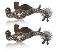 Western Antique Spurs for Horse Riding - Hand-Engraved Low Carbon Steel Spurs with Brass Accents, 75-78mm Adjustable Gear Design, Secure Copper Buckle