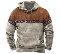 Western Aztec Hoodies for Men Ethnic Print Graphic Hoodie with Pockets Long Sleeve Drawstring Casual Jumpers Loose Fit Vintage Pullover Mens Hooded Sweatshirt Large