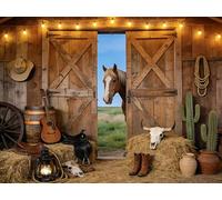 Western Backdrop 8x6ft Non-Fading Fabric Western Party Decorations Rustic Barn Door Wood Photography Background for Country Wild West Rodeo Theme Party Photo Studio Prop