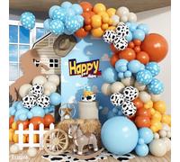 Western Balloon Arch Kit, 123pcs Retro Burnt Orange Pastel Blue Mustard Yellow Balloon Garland with Cow Print Cloud Print Balloons for Boy Story Baby Shower First Rodeo Farm Adventure Decorations