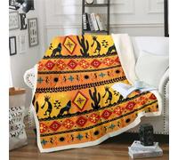 Western Blanket Native American Indian Style 60"x80" Throw Blanket,Wolf Fleece Blanket Bohemian Sun Blanket,Exotic Geometric Aztec Southwestern Decor,Orange