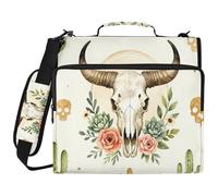Western Boho Chic Buffalo Bull Skull Cactus Beige 3 Ringing Office Binder Organizer with Strap Multi-Pocket School Supplies Organizer for Middle School