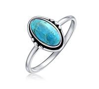 Western Boho Delicate Bezel Set Oval Cabochon Gemstone Blue Turquoise Ring For Women Teen 1MM Thin Band Oxidized .925 Sterling Silver