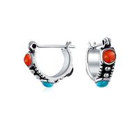 Western Boho Multi Color Gemstone Black Red Blue Turquoise Carnelian Onyx Bead Small Huggie Hoop Earrings For Women .925 Sterling Silver