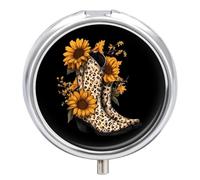 Western Boots with Leopard Print Sunflwer Travel Pill Organizer Portable Round Dispensers Medicine Case Daily Compartments for Easy Access
