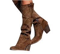 Western Boots Women Comfortable Chunky Heel Cowboy Booties Casual Stylish Rhinestone Side Zipper Beautiful Pull On Lightweight Brown Wide Calf Boots Outdoor Walking Party
