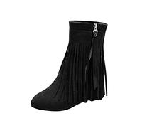 Western Boots Women's Black with Fringes, Black Ankle Boots Women's Flat with Side Zip Western Boots Fringe Short Boots Slip-On Suede Boots Slip On Boots Half Boots, black, 4 UK