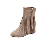 Western Boots Women's Black with Fringes, Black Ankle Boots Women's Flat with Side Zip Western Boots Fringe Short Boots Slip-On Suede Boots Slip On Boots Half Boots, beige, 7.5 UK