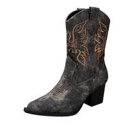 Western Boots Women's Jeans Vintage Costume Shoes: Cowboy Boots Women's Wide Shaft Floral Embroidery Fabric Transition Boots Slip On Half Boots Wide Shaft Short Boots Low Boots, black, 8 UK
