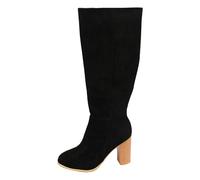 Western Boots Women's Knee-High Pleated Suede Side Zip Ribbed Block Heel, Soft Abrasion-Resistant Imitation Leather, Wide Elastic Shaft, Three Shades Brown, Beige, Black, Suitable for Weekend Trips
