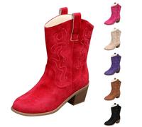 Western Boots Women's Riding Half Boots with Heel Vintage Cowboy Boots Wide Shaft Suede Boots Block Heel Slip-On Boots Stiletto Shoes Short Boots Traditional Shoes Texani Boots, red, 5 UK