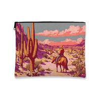 Western Cactus Makeup Bag, Vintage Desert Landscape Cosmetic Pouch for Women, Portable Canvas Zipper Organizer, Travel Toiletry Bag for Summer Adventures, Peach, 7x9 Inch, Cactus