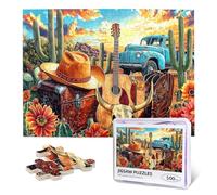 Western Cactus Plant Puzzles for Adults 500 Pieces, Cowboy Deserts Jigsaw Puzzles 500 Pieces Western Art, Vintage Guitar Truck Wooden Puzzle for Fun Family Game Motivational Toy