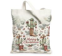 Western Christmas Cactus Cowboy Boot Quote Canvas Tote Bag 13x15 Inch | Western Themed Holiday Print, Cowboy Boot Accents, Seasonal Desert Aesthetic, Festive Botanical Elements