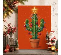 Western Christmas Cactus Decor Canvas Wall Art 12x16 | Desert Theme, Wall Pictures, String Lights, Ornaments, Gold Star Topper, Vibrant Orange Background