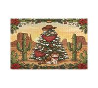 Western Christmas Exotic Shorthair Cat Cowboy Jigsaw Puzzles for Adults 1000 Piece, Xmas Tree Cactus Wooden Puzzles, Holiday Pattern Decorations for Home Entertainment
