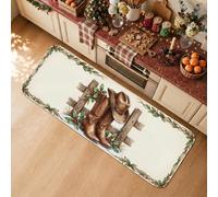 Western Country Christmas Decor Cowboy Boots Kitchen Rugs 16x47 Inch | Holly Berry Borders, Kitchen Mats For Floor, Wooden Fence Accents, Farmhouse Kitchen, Ranch Style Home, Seasonal Floor Mats