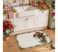 Western Country Christmas Decor Cowboy Boots Kitchen Rugs 20x31 Inch | Holly Berry Borders, Kitchen Mats For Floor, Wooden Fence Accents, Farmhouse Kitchen, Ranch Style Home, Seasonal Floor Mats