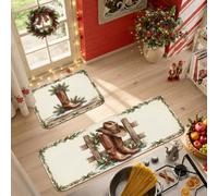 Western Country Christmas Decor Cowboy Boots Kitchen Rugs Sets of 2 | Holly Berry Borders, Kitchen Mats For Floor, Wooden Fence Accents, Farmhouse Kitchen, Ranch Style Home, Seasonal Floor Mats