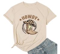 Western Country Concert Shirt for Women Howdy Tshirt Cowgirl Hat Boots Tee Cowboy Short Sleeve Casual Tops, Beige, M