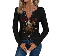 Western Country Shirts for Women Cowgirl Cartoon Boots Graphic T Shirts Notched V Neck Long Sleeve Casual Tee Tops, Black1, L