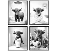 Western Cow Bathroom Decor Wall Art,Funny Highland Cow Wall Art in Restroom,Black and White Wall Decor,Highland Cow Canvas Art Prints,Rustic Retro Bathroom Wall Decor Humor Animals Artwork Prints