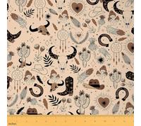 Western Cow Skull Fabric by The Yard,Tropical Ethnic Cactus Mushroom Indoor Outdoor Fabric,Vintage Cowboy Hats Boots Fabrics Sewing Lovers,1 Yard 36"x59"