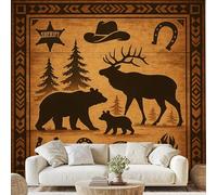 Western Cowboy Animal Mural Forest Bear Deer Self-Adhesive Wallpaper 100x70 cm Rustic Wildlife Non-Woven Wall Paper for Bedroom Living Room Kitchen Wall Mural Removable Qe4D
