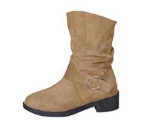 Western Cowboy Ankle Boots for Women Low Heel Mid Calf Boots with Pull-Up Tabs Slip On Round Toe Chunky Heel Retro Classic Booties Faux Suede Back Zipper Fall Short Ankle Booties