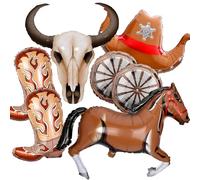 Western Cowboy Balloon Set -Cowboy Party Decorations with Longhorn Cow Steer, Horse, Cowboy Hat, Cowboy Boots & Wagon Wheel Balloons for Rodeo Theme Birthday, Wild West Party Supplies 6pcs