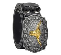 Western-Cowboy-Belts for Women Men Vintage Floral-Engraved Bull Head Buckle Cowgirl-Waist-Belt for 25 to 38" Waist, Black, For Waist 33-36 in
