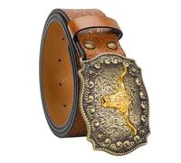 Western-Cowboy-Belts for Women Men Vintage Floral-Engraved Bull Head Buckle Cowgirl-Waist-Belt for 25 to 38" Waist, Brown, For Waist 36-40 in