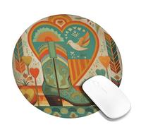 Western Cowboy Boot Mouse Pad, Teal Rustic Floral Design Stitched Edge Mat, Rubber Non-Slip Washable Gaming Mousepad for Home and Office Round 8x8 Inch