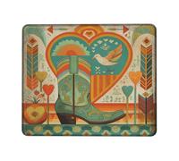Western Cowboy Boot Mouse Pad, Teal Rustic Floral Design Stitched Edge Mat, Rubber Non-Slip Washable Gaming Mousepad for Home and Office Square 8x10 Inch