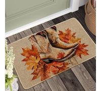 Western Cowboy Boots Doormat, Autumn Leaf Door Mat for Indoor & Outdoor Entrance Rustic Decor, Non-Slip Waterproof Dust Absorbent Welcome Mat, Easy Clean 29x17 Inch